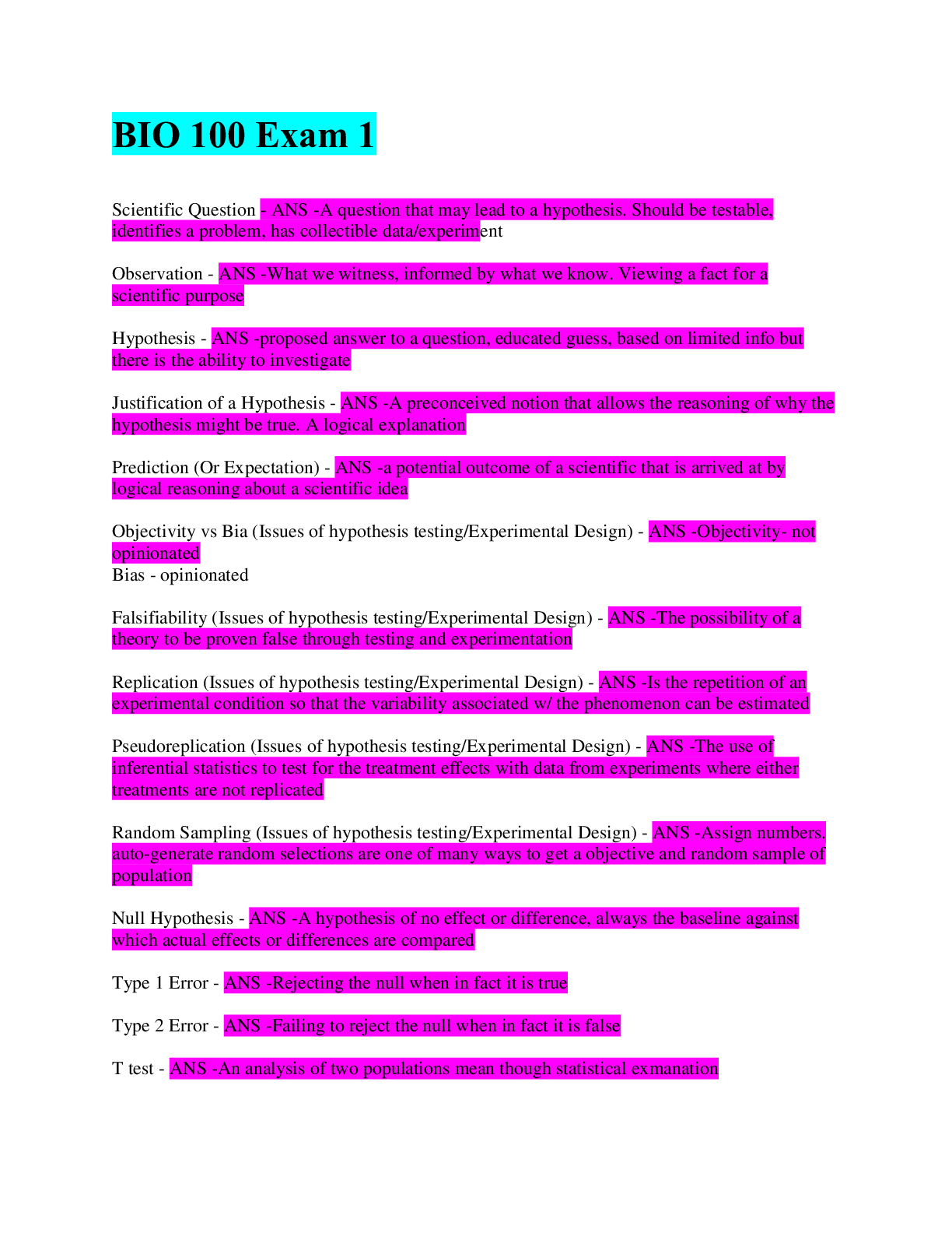 Preview image for BIO 100 Exam 1 / SET (54) / 100% Accurate Answers
